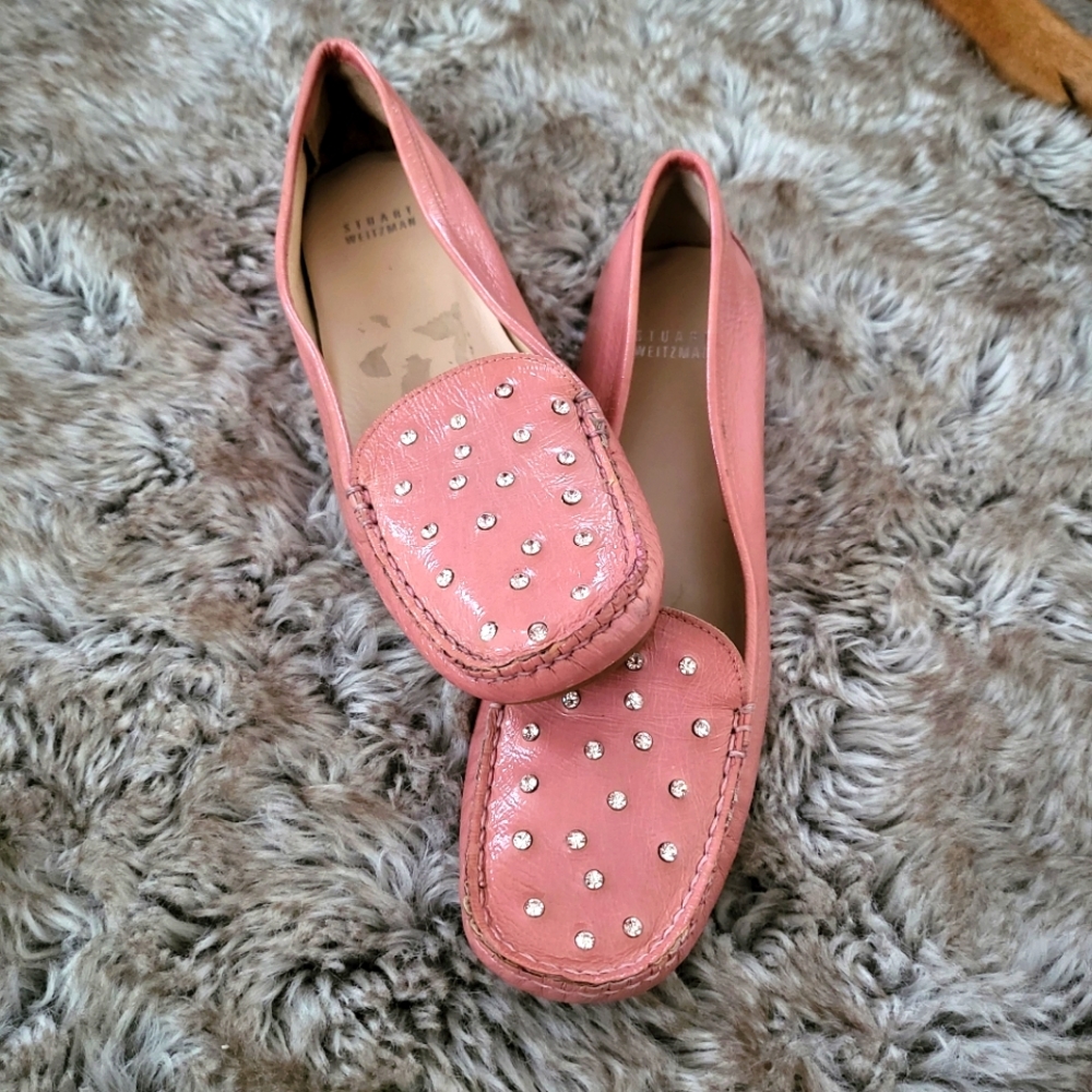 Stuart Weitzman Pink Patent Leather Rhinestone Detail Flats Size 9N